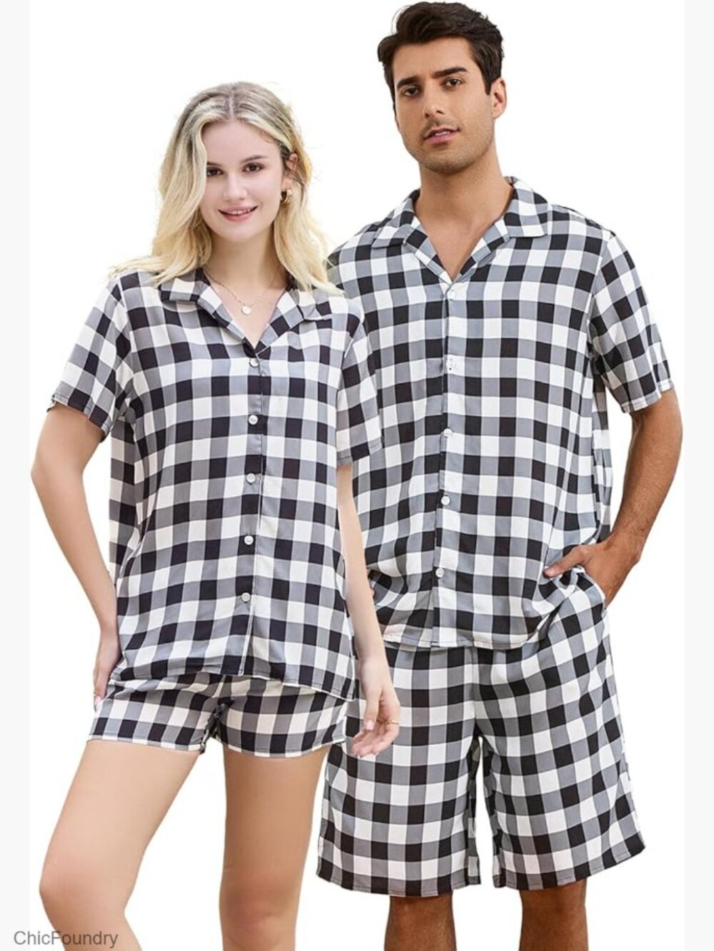 Matching Couples Pajama Set Button Down Short Sleeve Sleepwear with Pockets